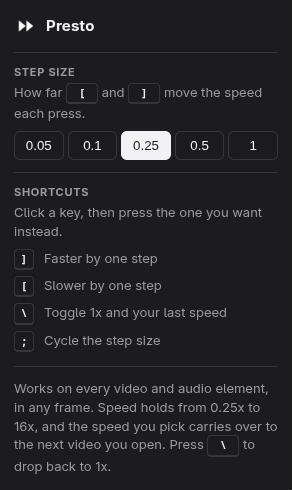 The Presto popup with step size buttons from 0.05 to 1, 0.25 selected, and the four shortcuts each on a key you can click to rebind.