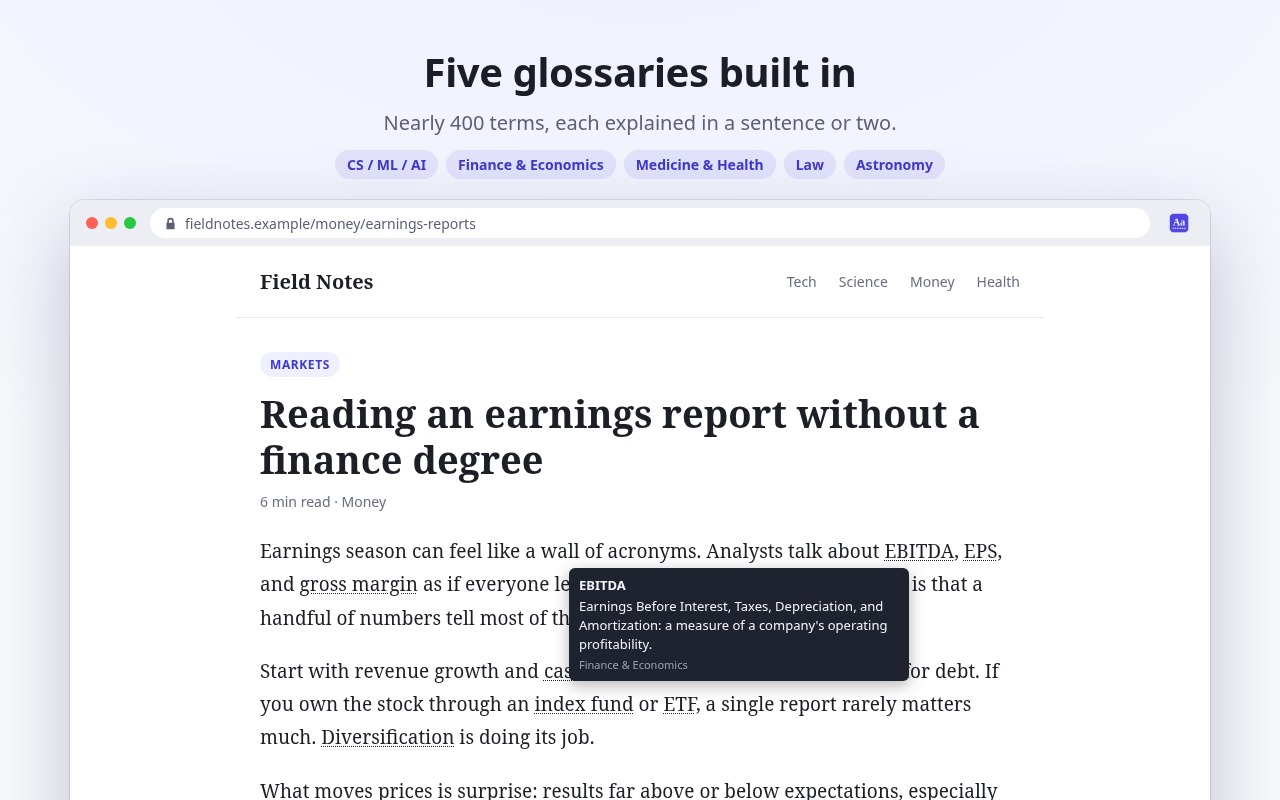 An article about earnings reports with a NerdTip tooltip defining EBITDA, from the Finance & Economics glossary.