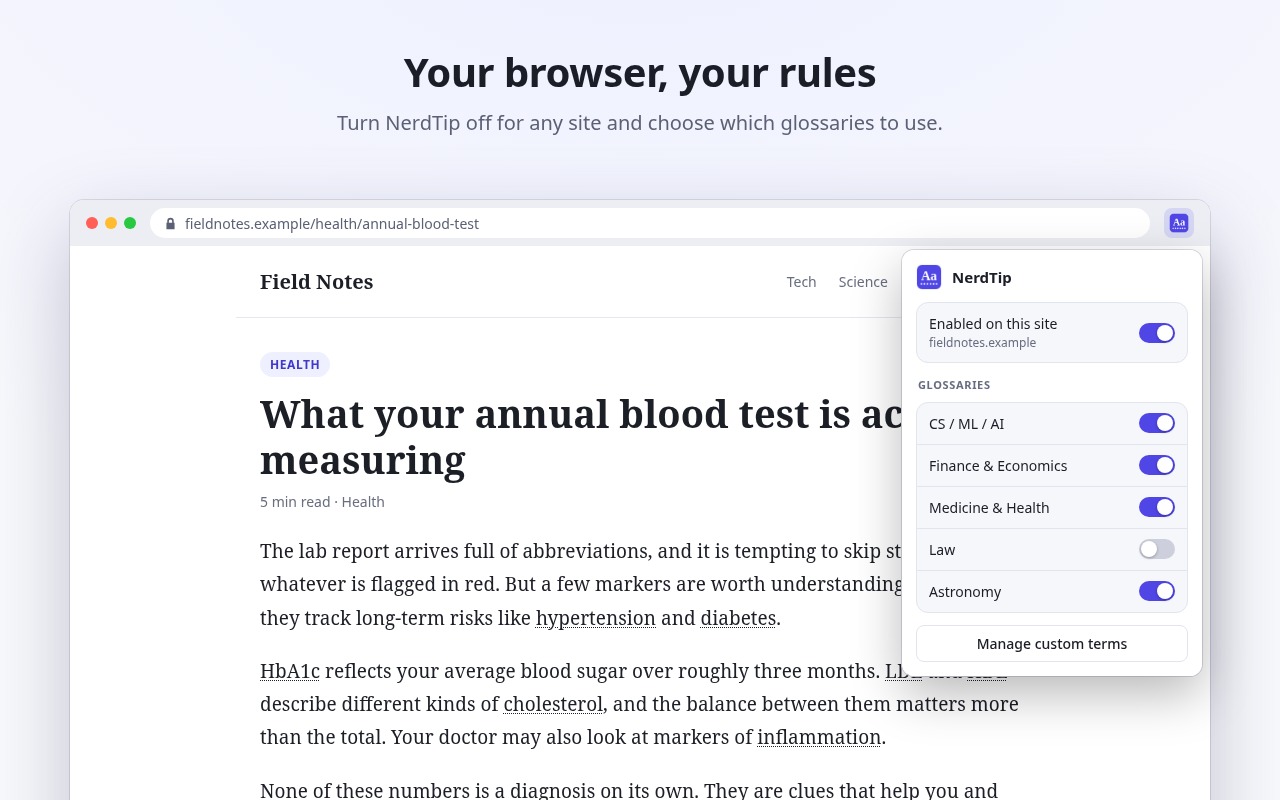 The NerdTip popup with an 'Enabled on this site' switch and a switch for each of the five glossaries.