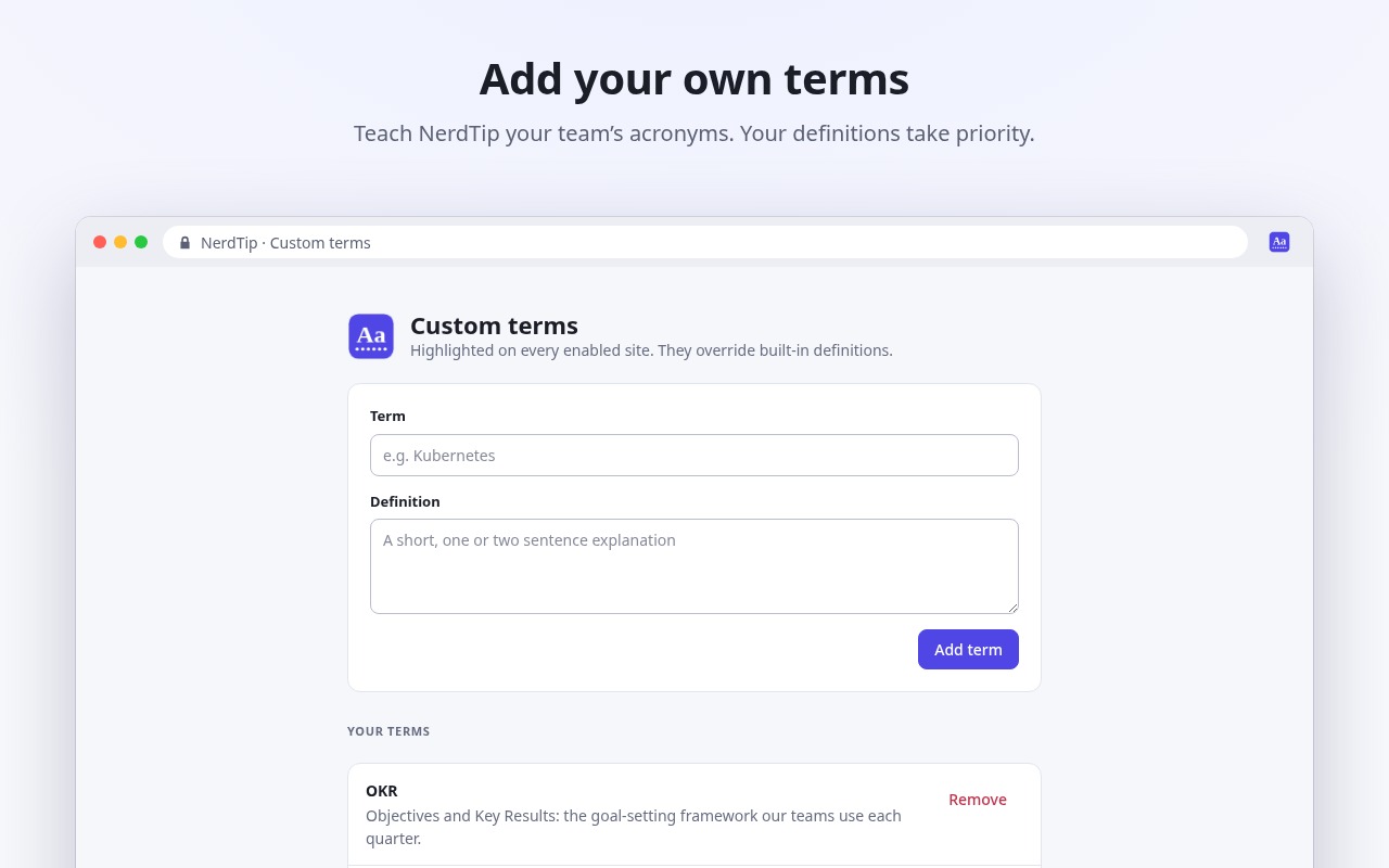 The NerdTip custom terms page with a form to add a term and definition, and a saved term, OKR.