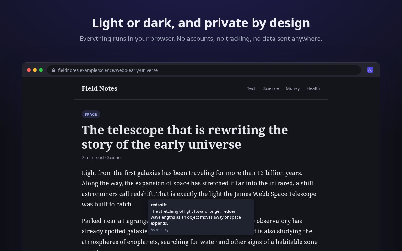 NerdTip in dark mode on an astronomy article, with a tooltip defining redshift.